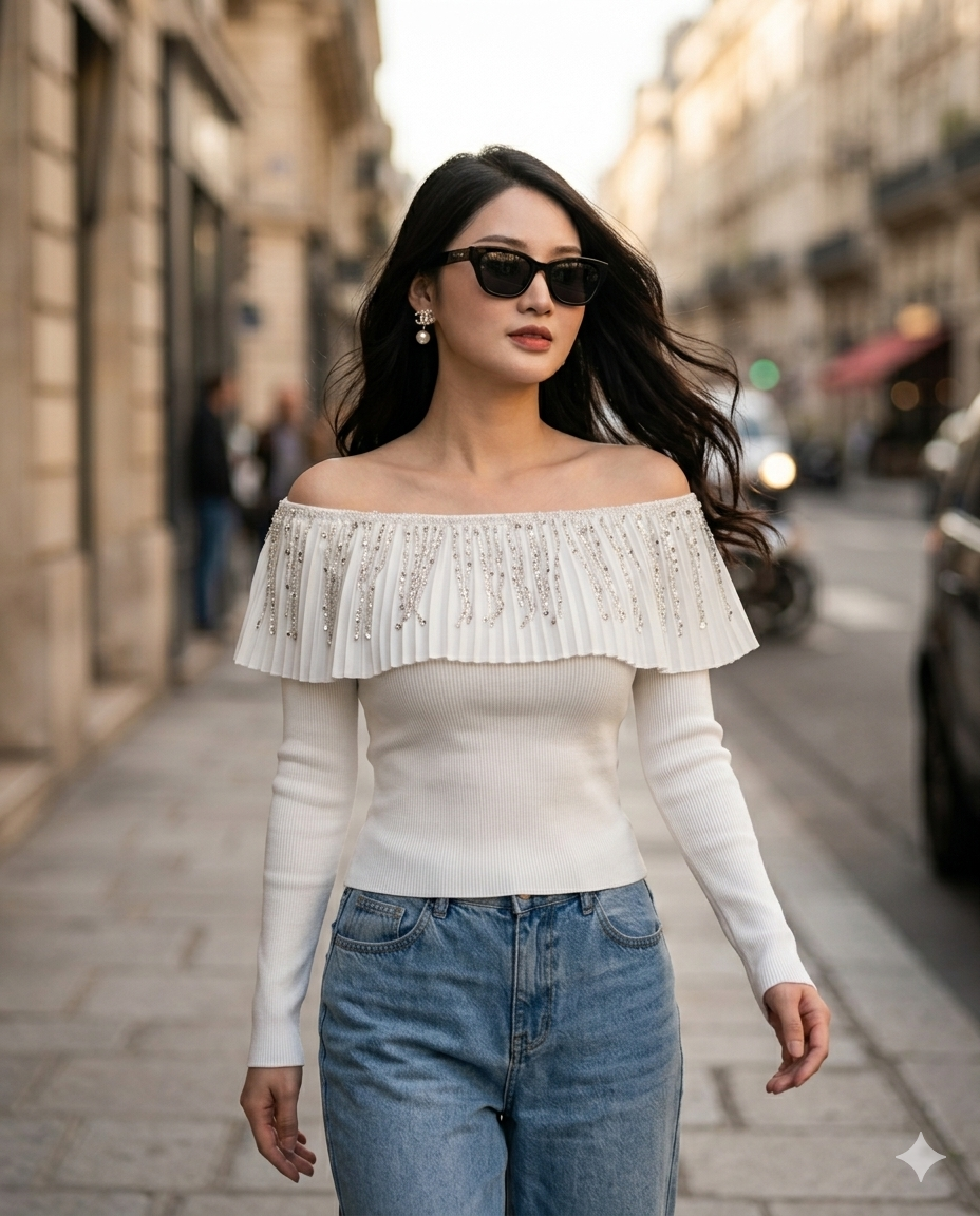 Luxury Rhinestone Embellished Designer Top – Italian Elegance, Japanese Precision