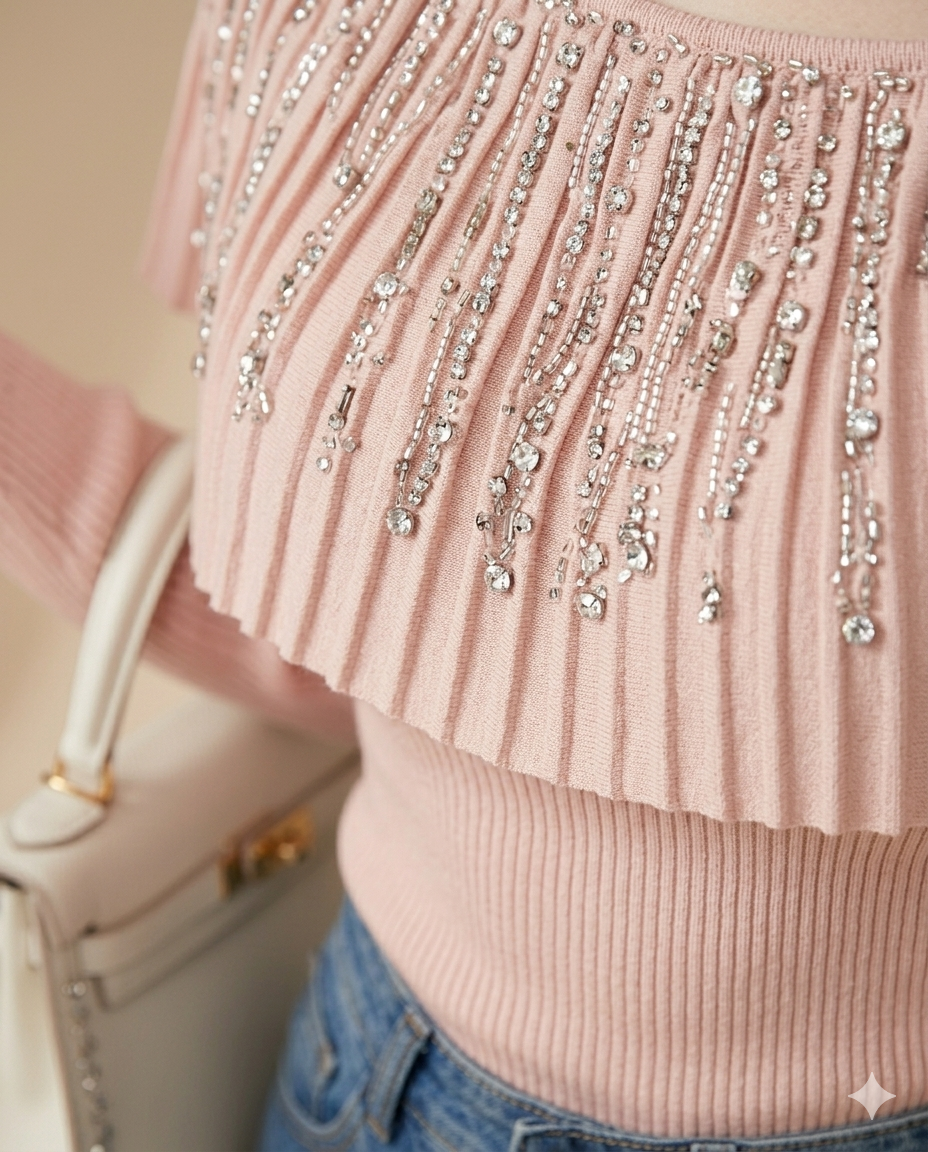 Luxury Rhinestone Embellished Designer Top – Italian Elegance, Japanese Precision