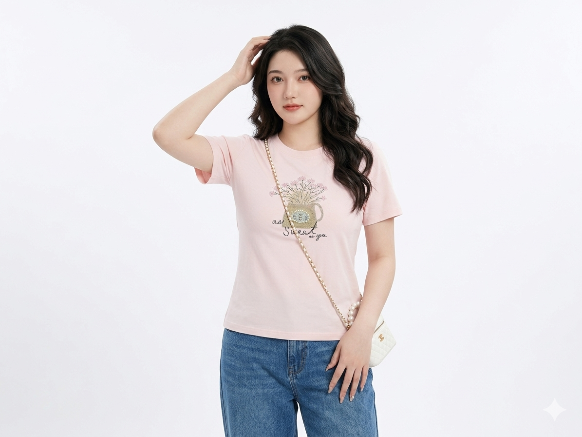 Rhinestone & Pearl “As Sweet As You” Floral Designer T-Shirt