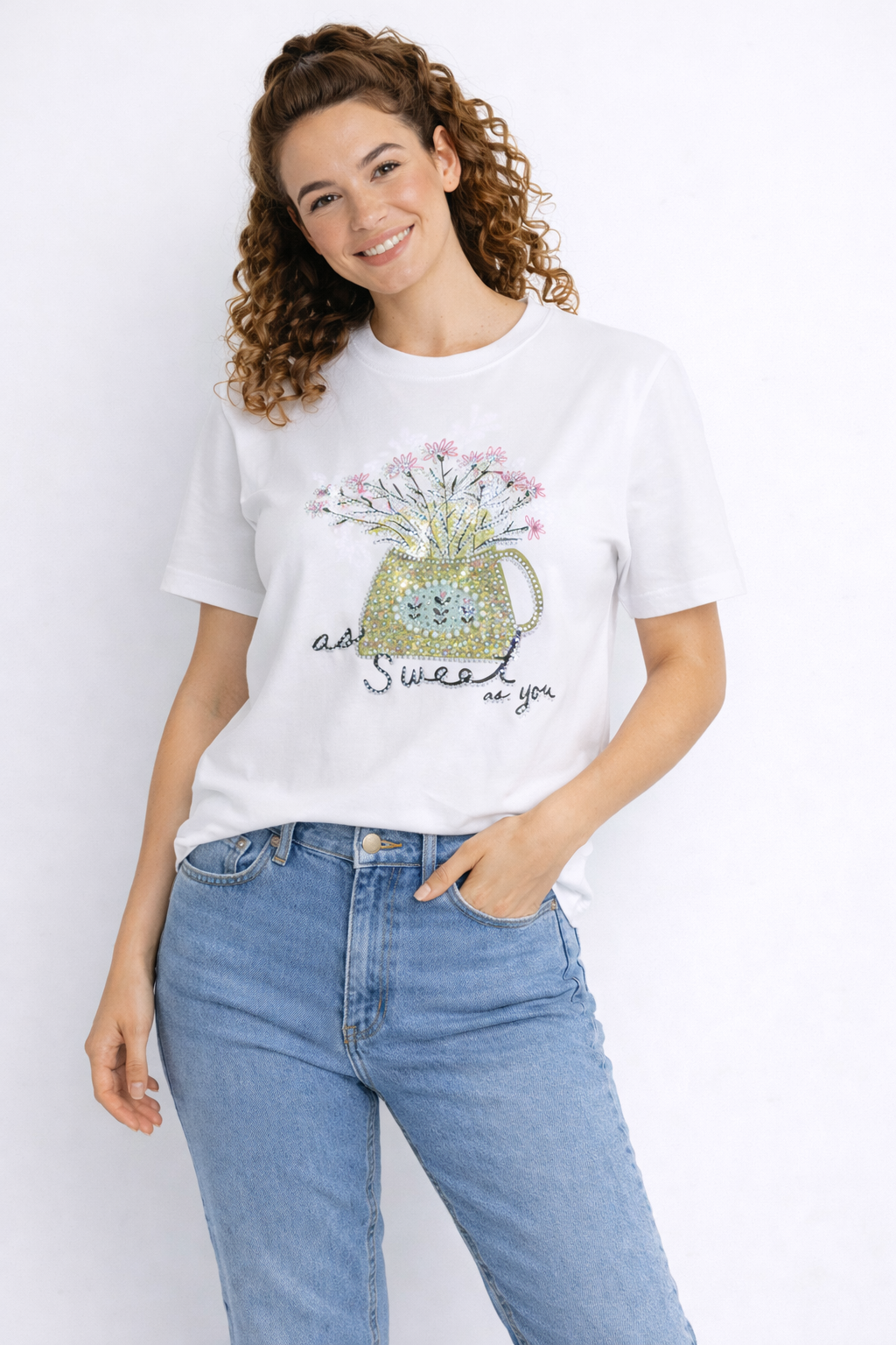 Rhinestone & Pearl “As Sweet As You” Floral Designer T-Shirt
