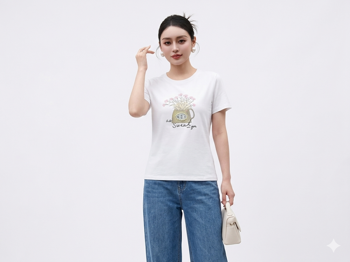 Rhinestone & Pearl “As Sweet As You” Floral Designer T-Shirt
