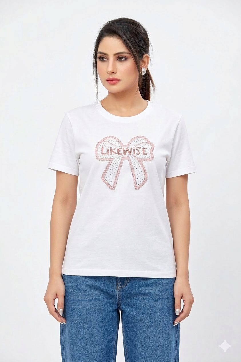 "Likewise" Bow Graphic Tee – Casual T-Shirt